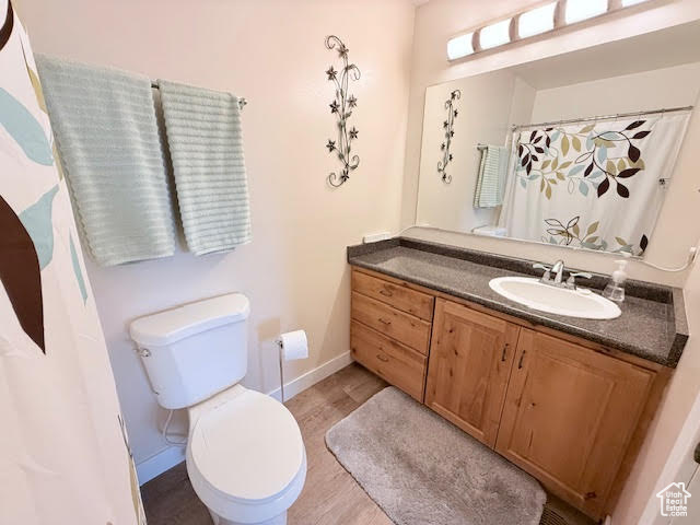 Bathroom featuring vanity, wood-type flooring, and toilet