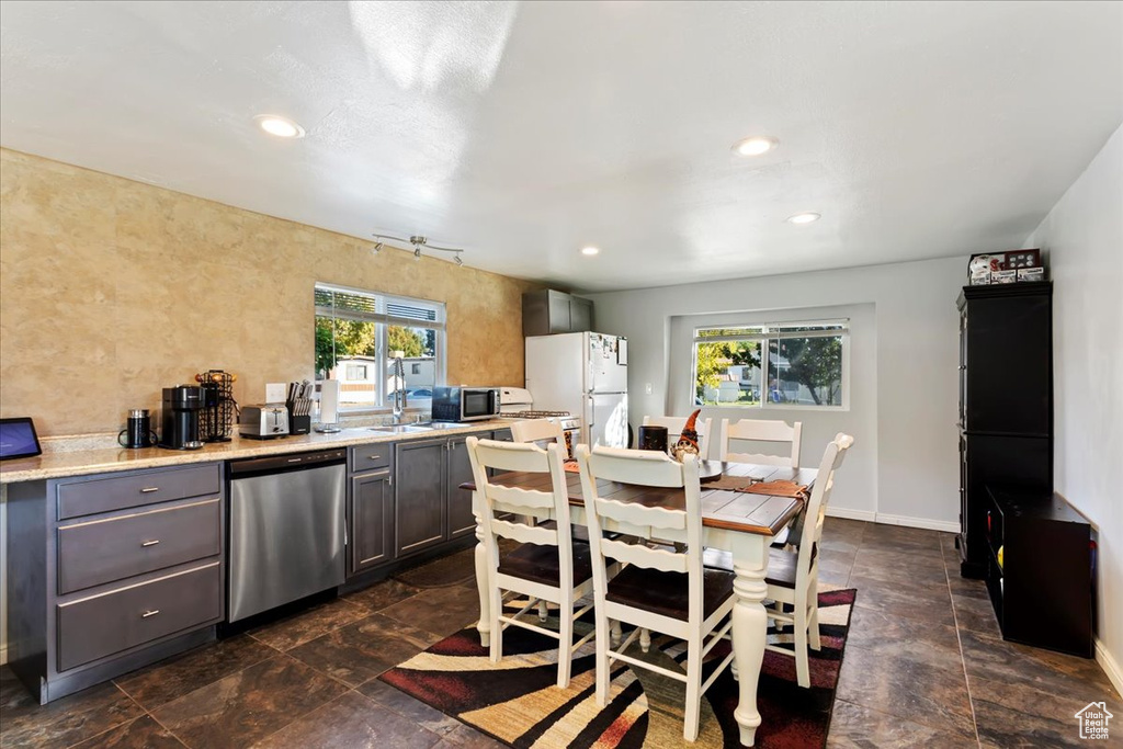 Kitchen featuring a wealth of natural light, sink, and appliances with stainless steel finishes