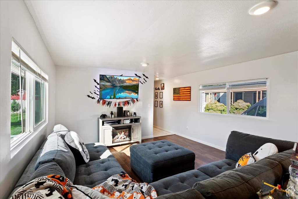 Living room with wood-type flooring