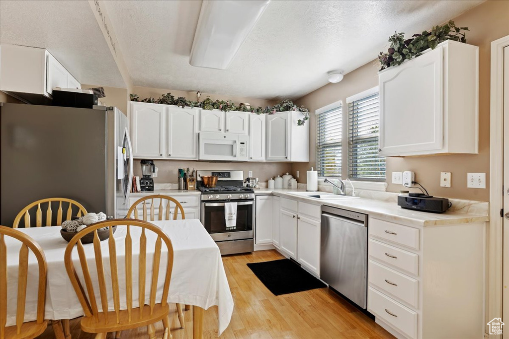 Kitchen with light hardwood / wood-style flooring, stainless steel appliances, sink, white cabinets, and a textured ceiling