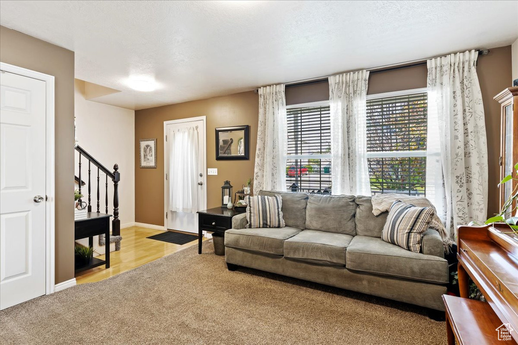 Living room with light hardwood / wood-style flooring and a textured ceiling