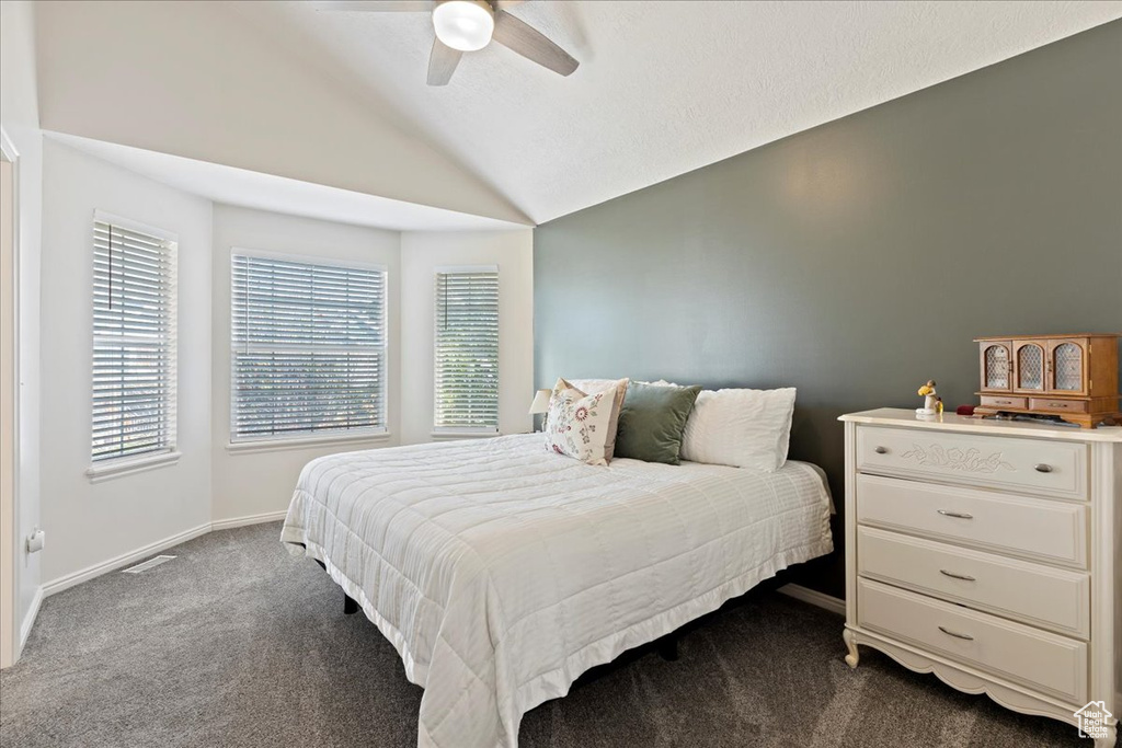 Bedroom featuring ceiling fan, lofted ceiling, and carpet floors