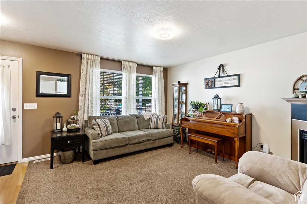 Living room featuring light hardwood / wood-style floors, a textured ceiling, and a fireplace