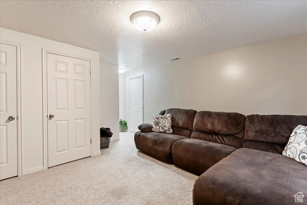 Living room with a textured ceiling and carpet floors