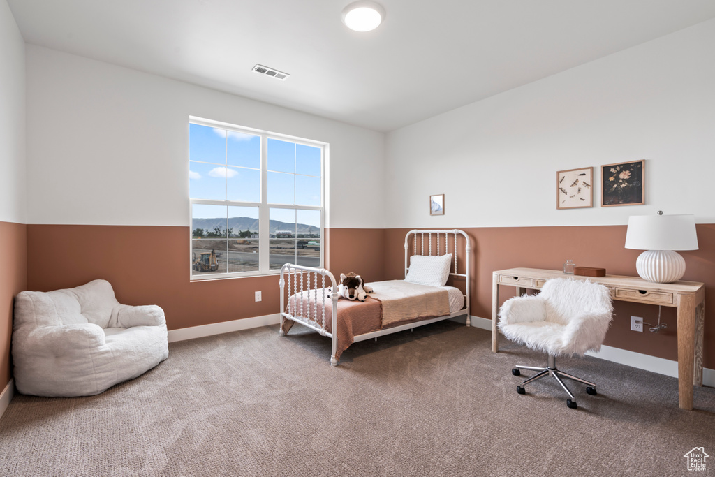 Carpeted bedroom with a mountain view