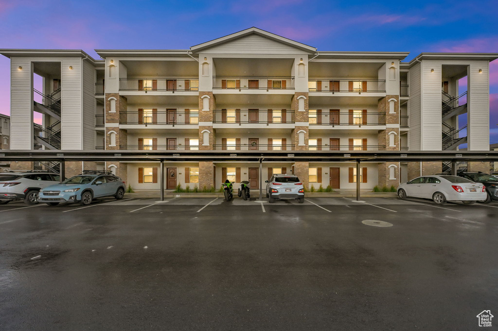 View of outdoor building at dusk