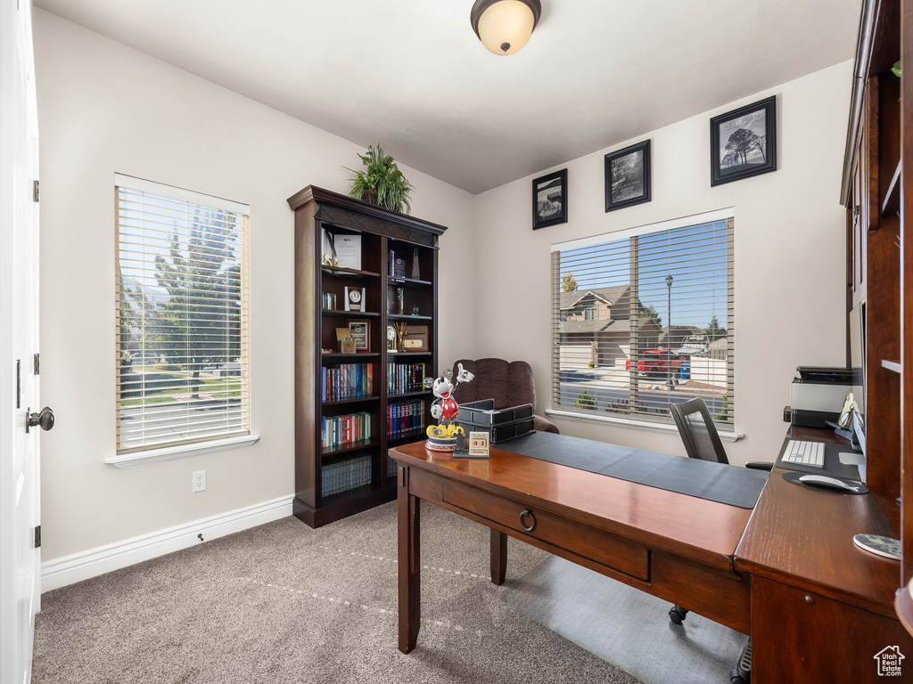 View of carpeted home office