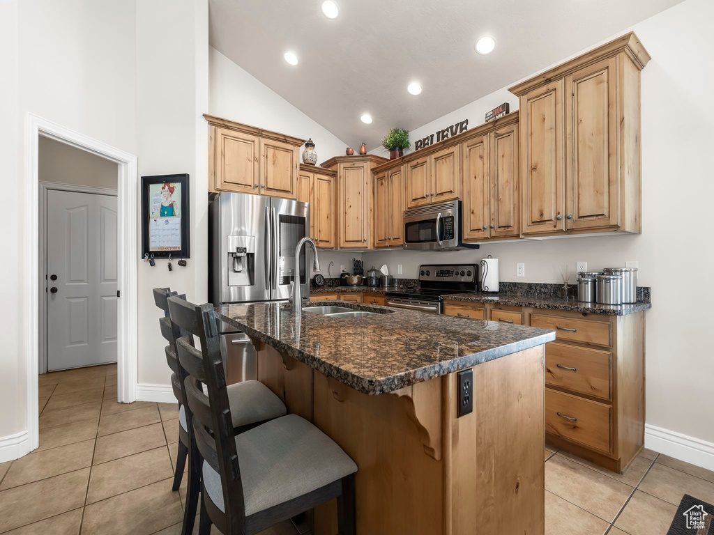 Kitchen with an island with sink, light tile patterned floors, appliances with stainless steel finishes, a kitchen breakfast bar, and dark stone counters