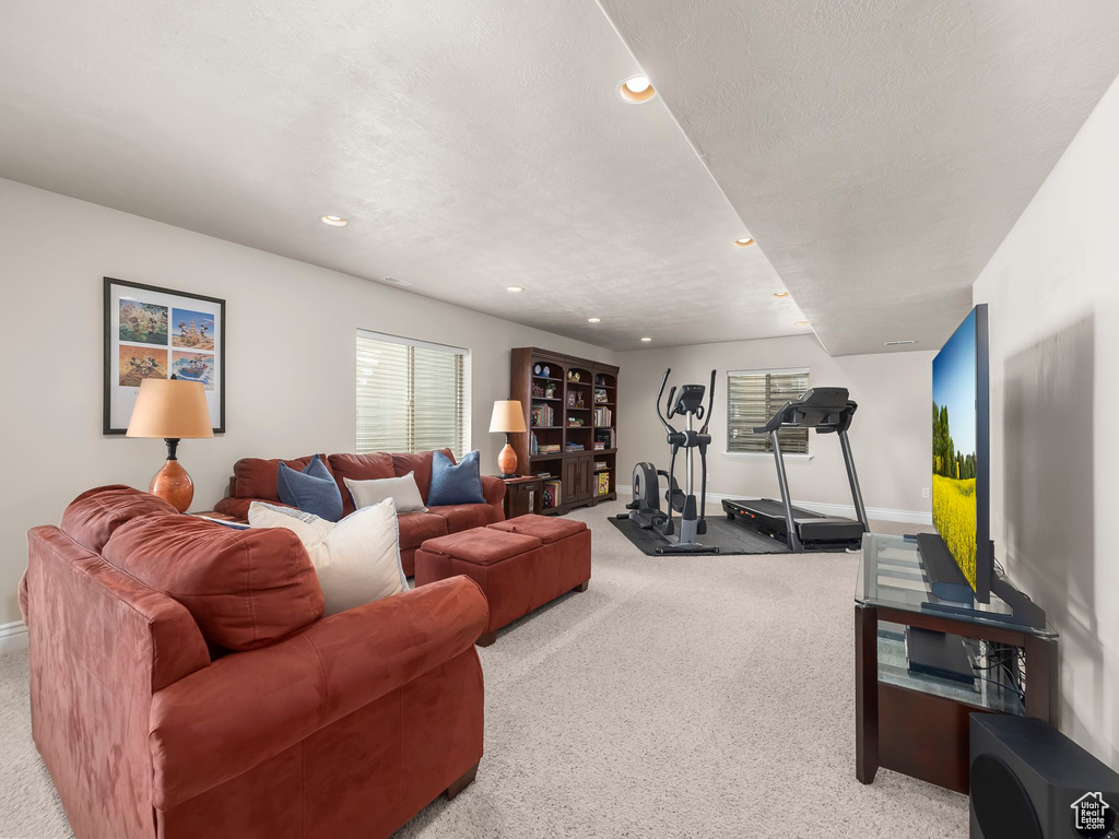 Carpeted living room with a textured ceiling