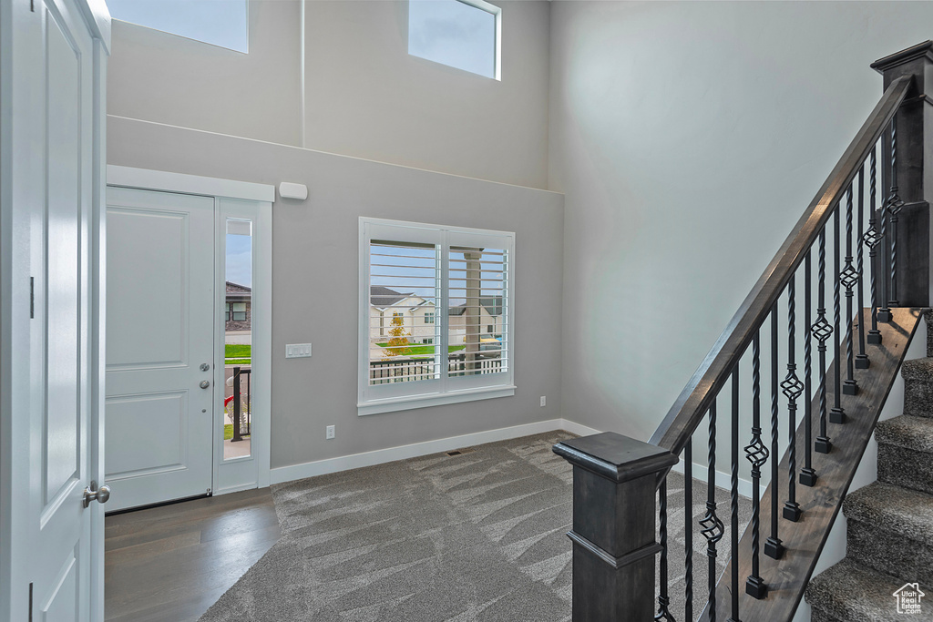 Foyer with a towering ceiling and dark hardwood / wood-style floors