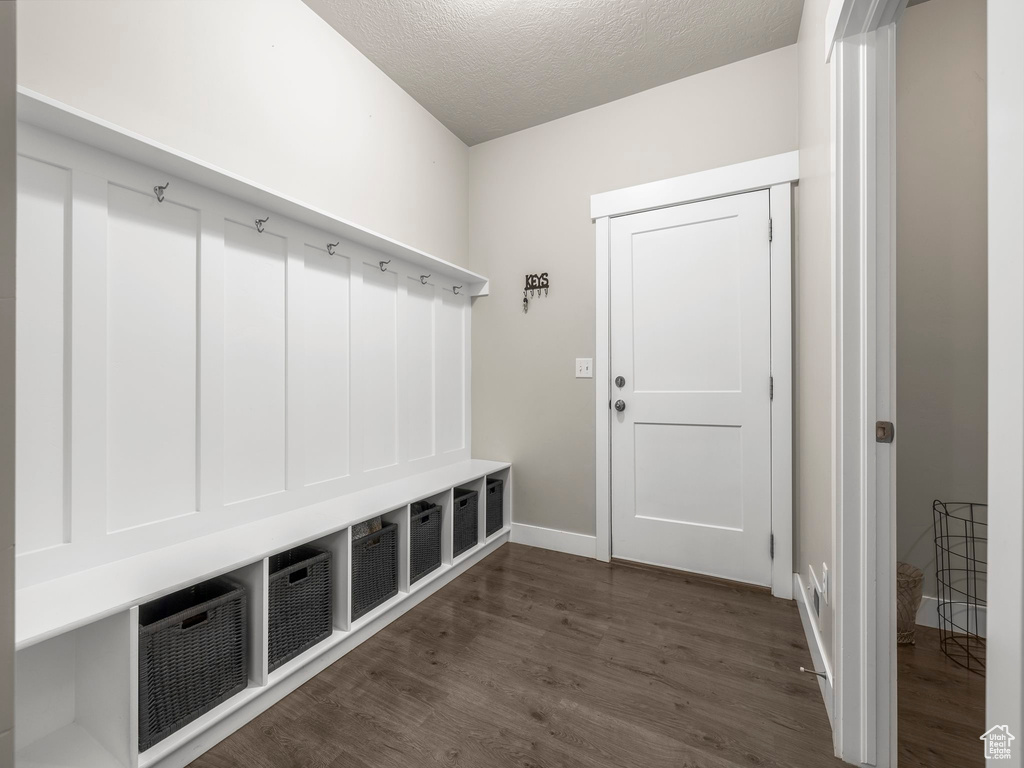 Mudroom featuring dark wood-type flooring and a textured ceiling