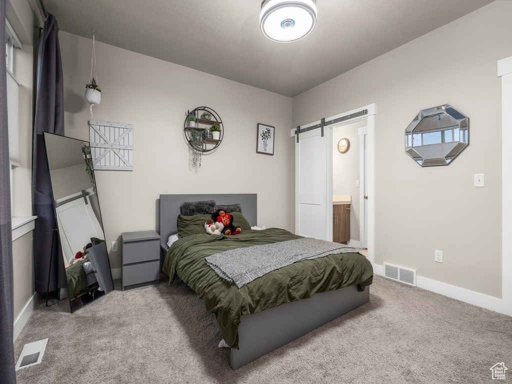 Bedroom with a barn door, carpet flooring, and ensuite bath