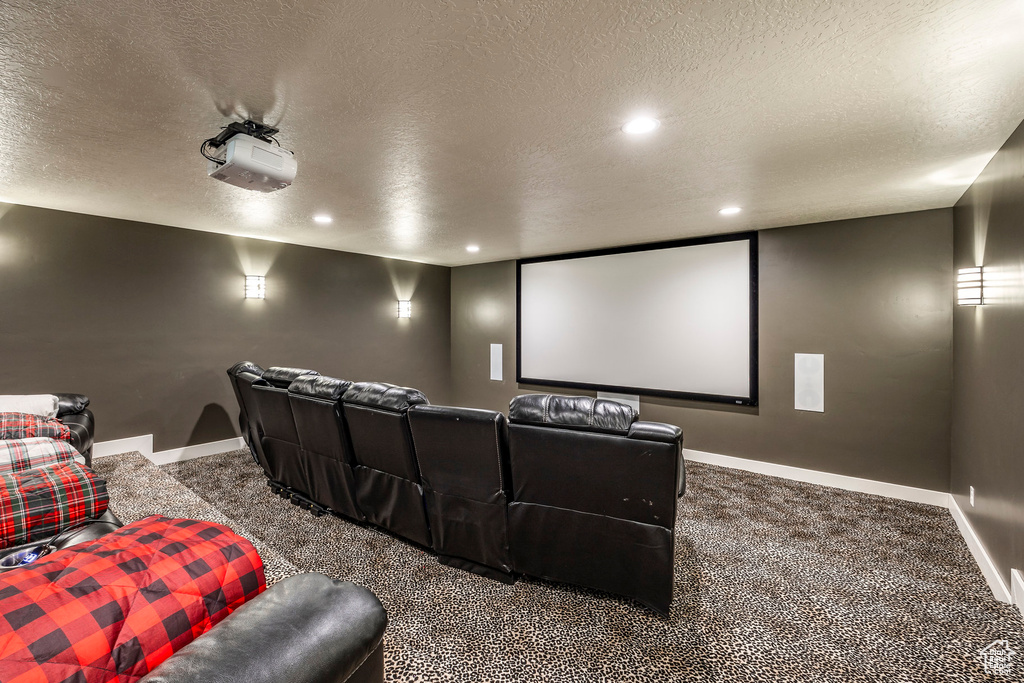 Home theater with a textured ceiling and carpet flooring