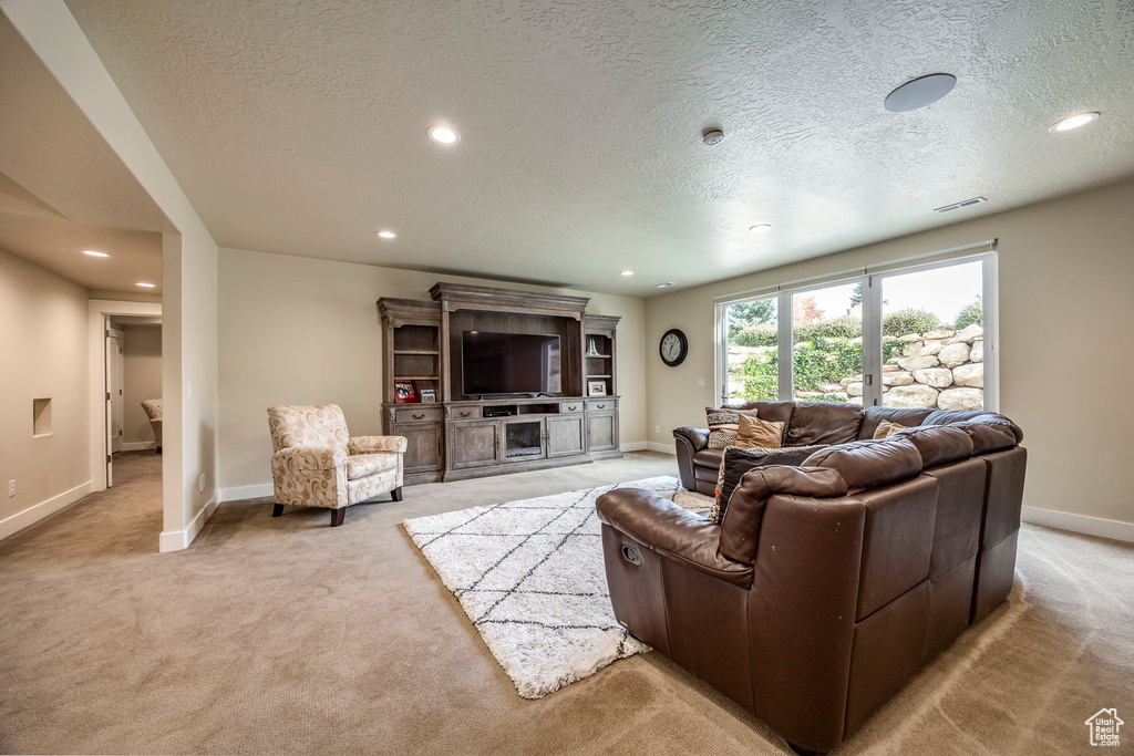 Living room featuring a textured ceiling and light colored carpet