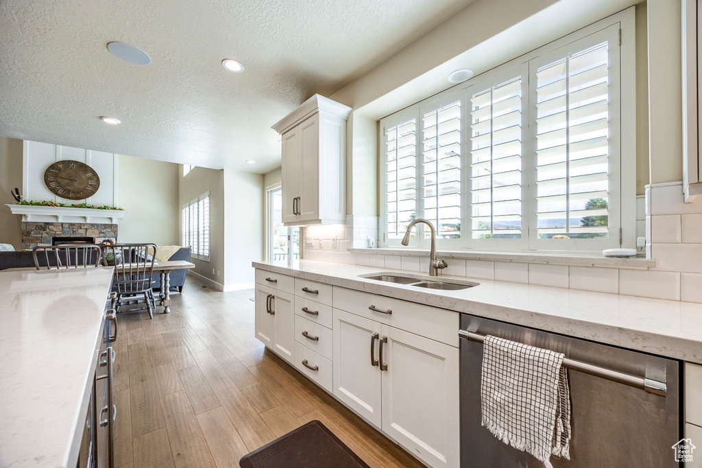 Kitchen featuring a stone fireplace, stainless steel dishwasher, sink, and a wealth of natural light