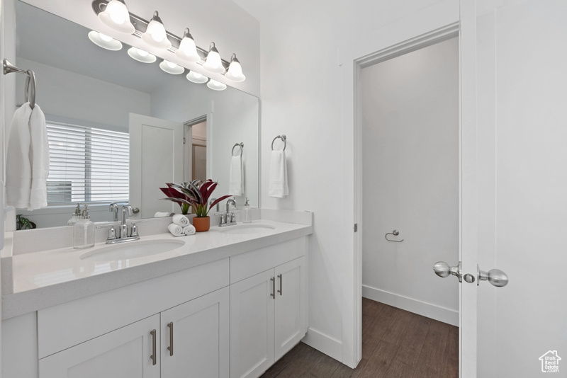 Bathroom featuring wood-type flooring and vanity