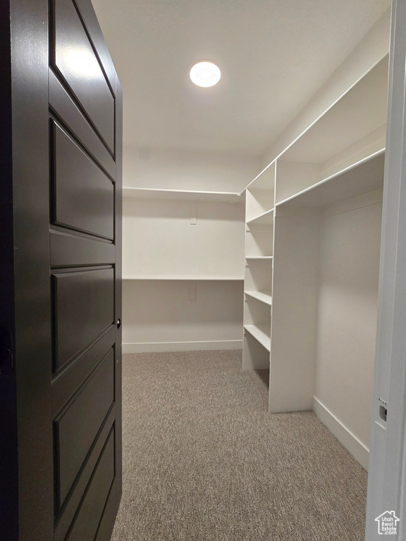 Walk in closet with light colored carpet