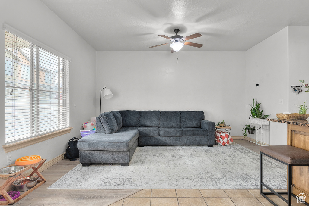 Living room featuring ceiling fan and light hardwood / wood-style flooring