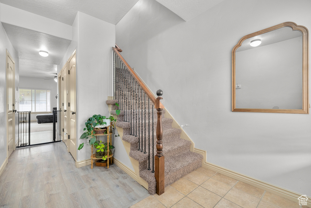 Staircase featuring wood-type flooring and ceiling fan