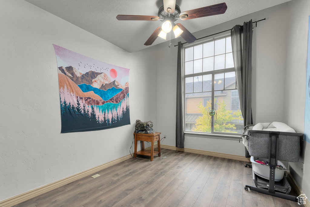 Miscellaneous room featuring ceiling fan and wood-type flooring