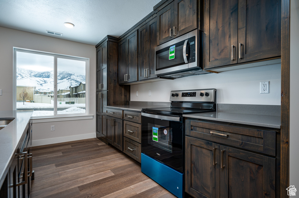 Kitchen featuring a mountain view, stainless steel appliances, dark brown cabinets, and dark hardwood / wood-style floors