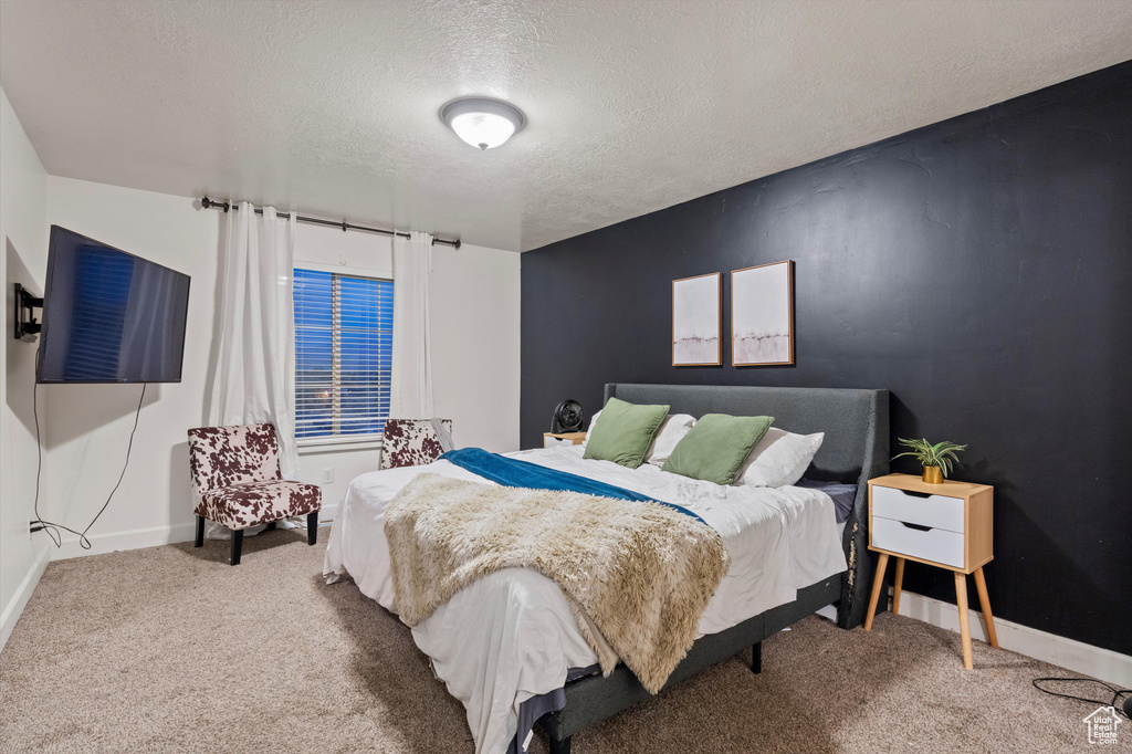 Carpeted bedroom with a textured ceiling