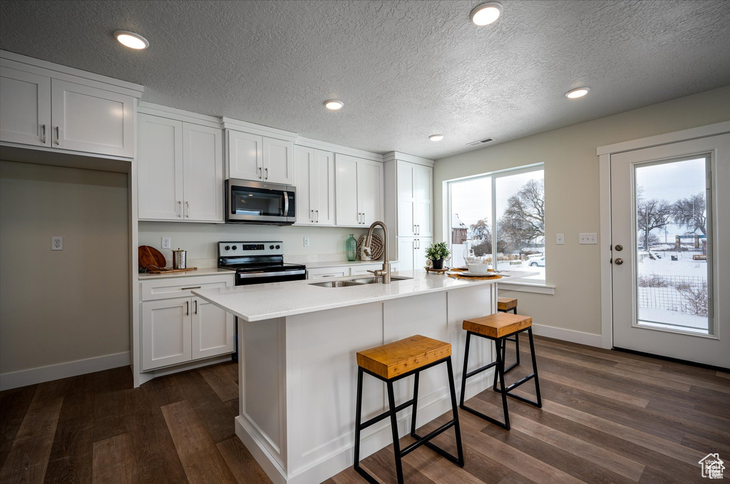 Kitchen featuring sink, stainless steel appliances, white cabinets, dark hardwood / wood-style floors, and a kitchen island with sink