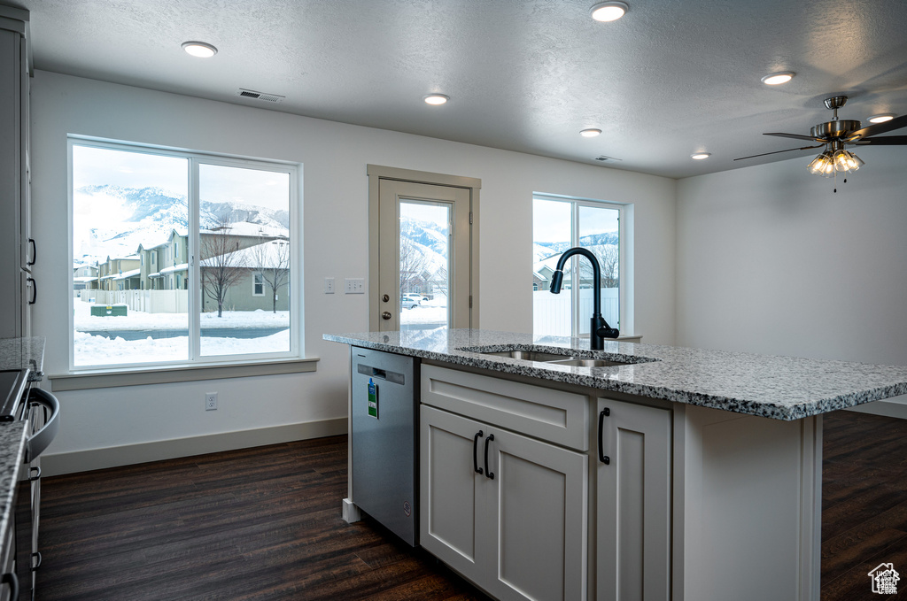 Kitchen featuring light stone counters, a healthy amount of sunlight, sink, and dark hardwood / wood-style flooring