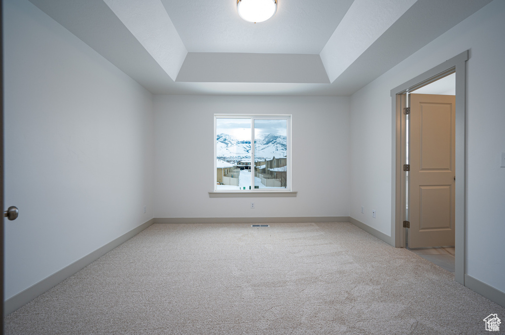 Carpeted empty room with a tray ceiling