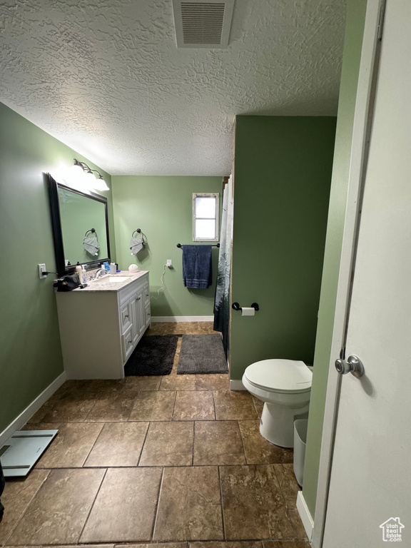 Bathroom featuring vanity, toilet, and a textured ceiling