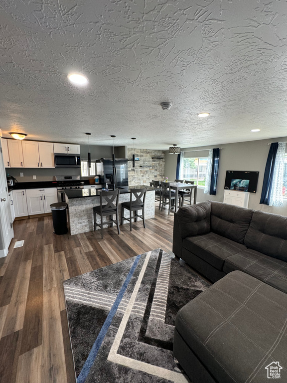 Living room with a textured ceiling and dark wood-type flooring