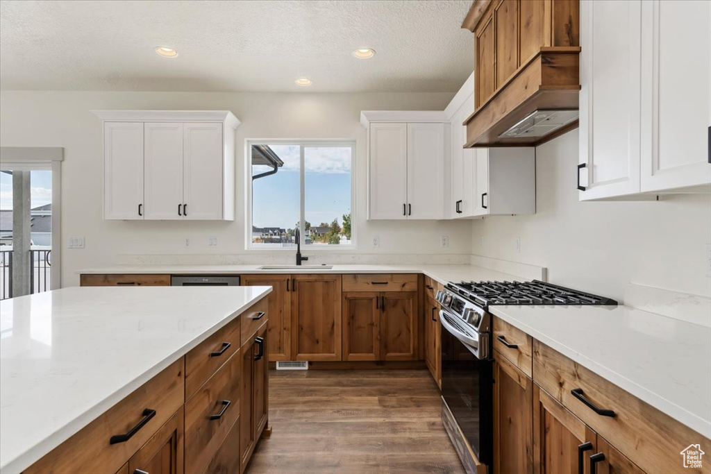 Kitchen featuring white cabinets, stainless steel range with gas cooktop, sink, and hardwood / wood-style floors