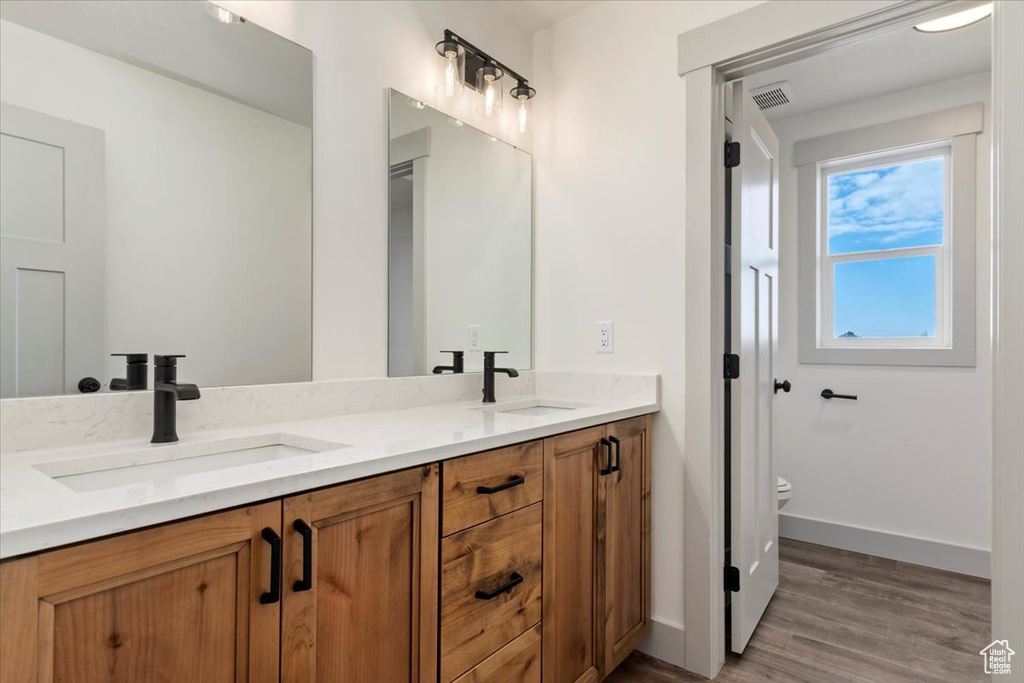 Bathroom with toilet, vanity, and wood-type flooring