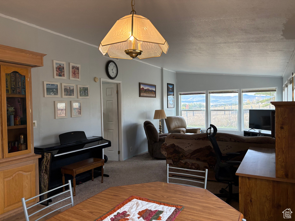 Carpeted dining area featuring lofted ceiling and a textured ceiling