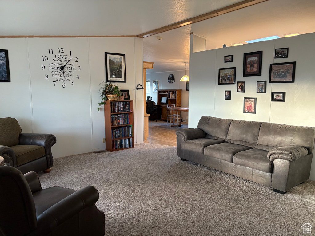 Carpeted living room with lofted ceiling