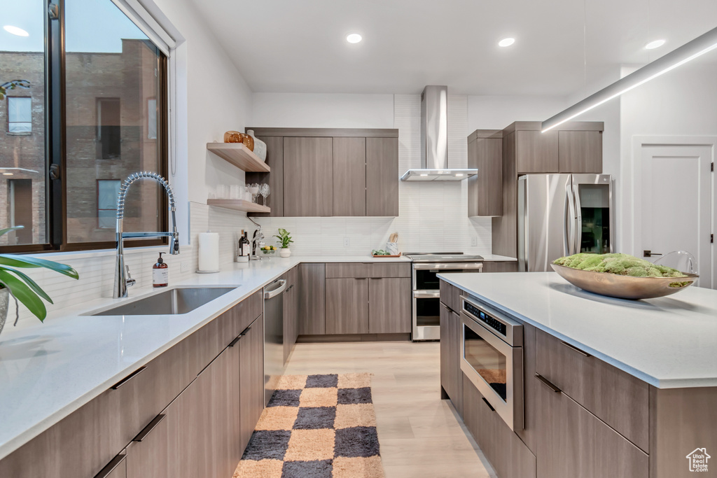 Kitchen with wall chimney range hood, decorative backsplash, light hardwood / wood-style flooring, sink, and stainless steel appliances