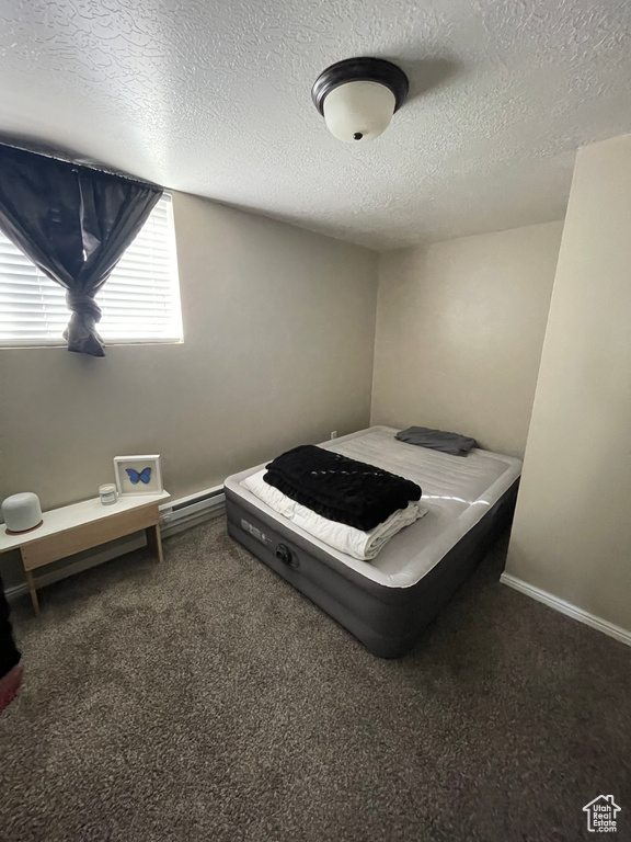 Carpeted bedroom with a textured ceiling