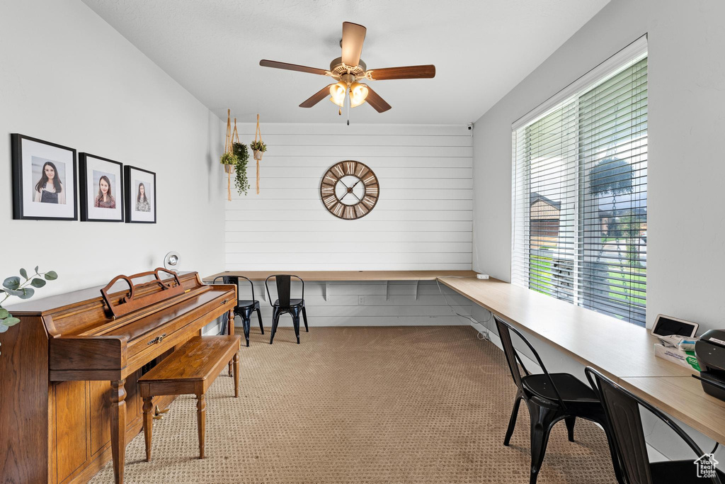 Carpeted office space with ceiling fan, wooden walls, and a wealth of natural light