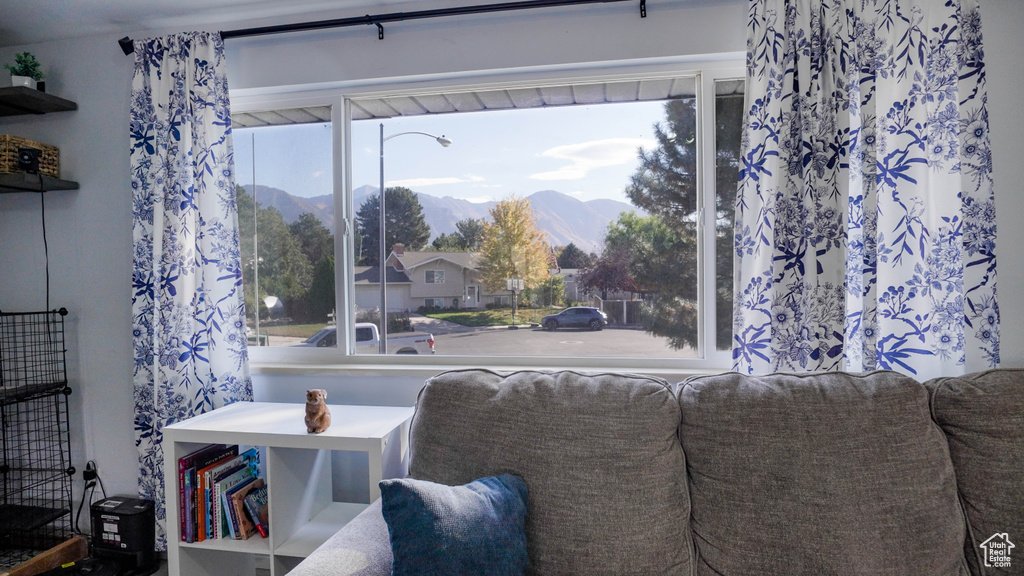 Interior space with a mountain view