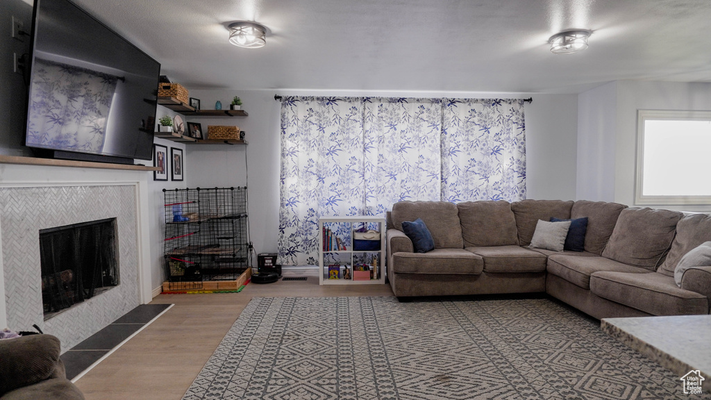 Living room with hardwood / wood-style floors and a fireplace