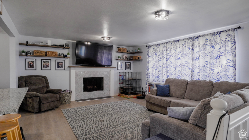 Living room with light hardwood / wood-style floors