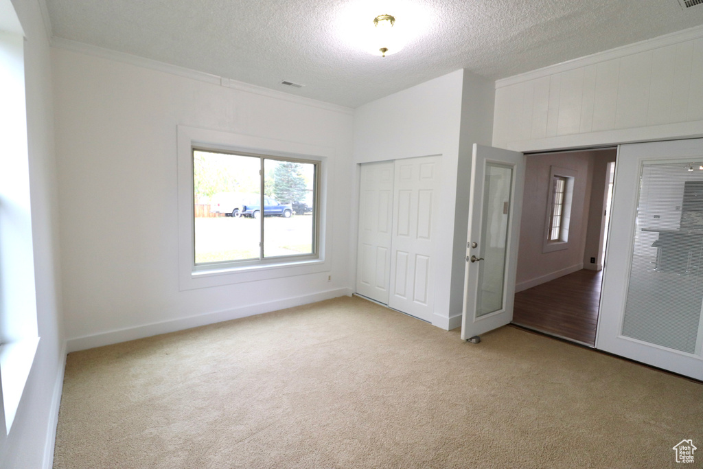 Carpeted spare room with ornamental molding and a textured ceiling