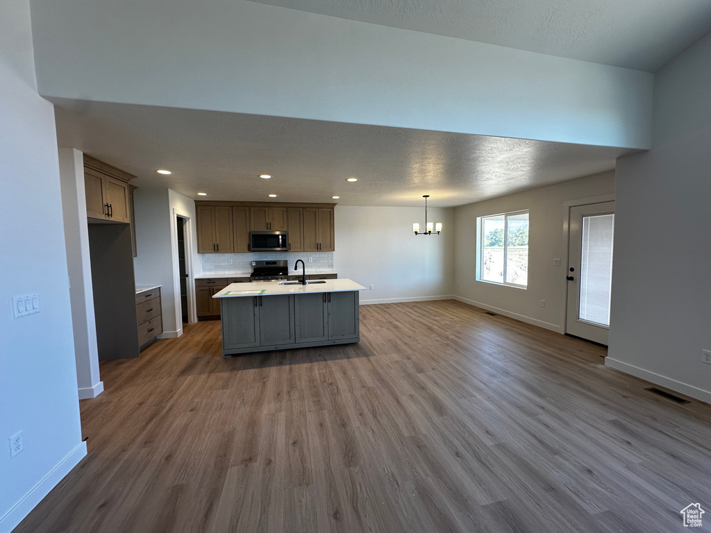 Kitchen with hanging light fixtures, an island with sink, appliances with stainless steel finishes, wood-type flooring, and sink