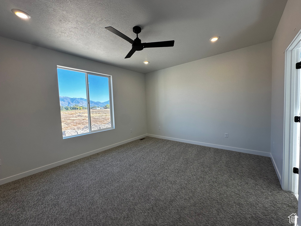 Carpeted spare room featuring a mountain view, a textured ceiling, and ceiling fan