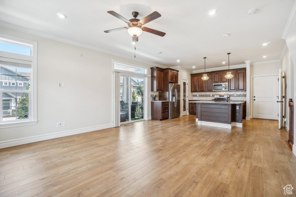 Kitchen with a healthy amount of sunlight, light hardwood / wood-style floors, stainless steel appliances, and decorative light fixtures