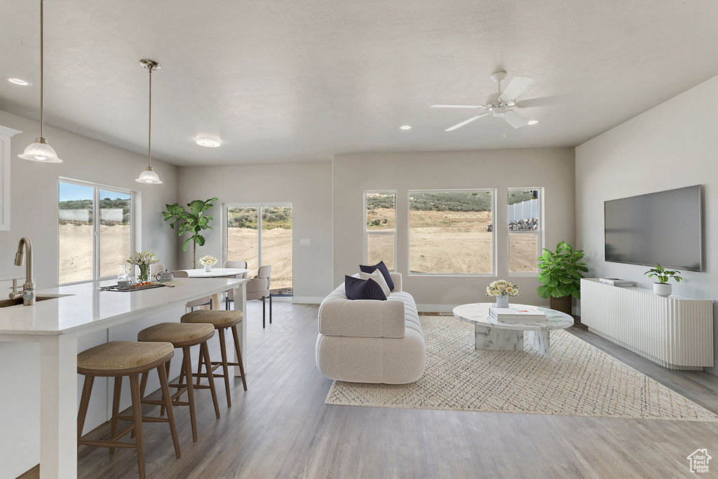 Living room with sink, light hardwood / wood-style flooring, and ceiling fan