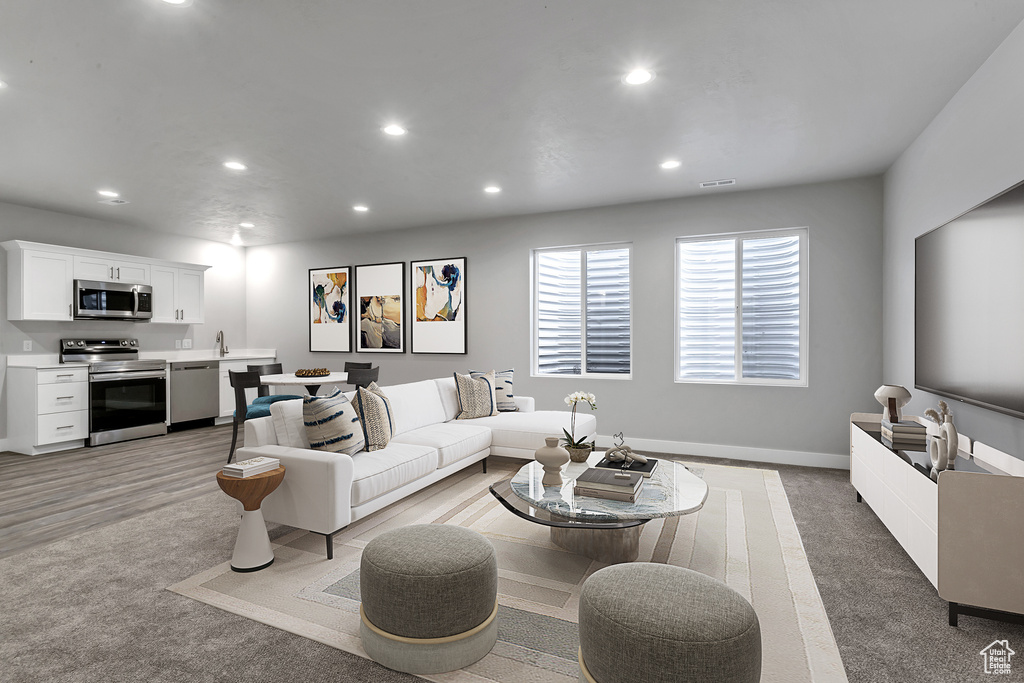 Living room featuring light carpet and sink