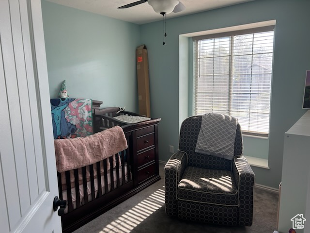 Carpeted bedroom with multiple windows and ceiling fan