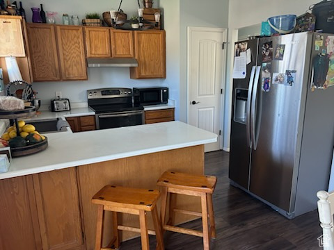 Kitchen featuring a breakfast bar area, dark wood-type flooring, kitchen peninsula, and stainless steel appliances