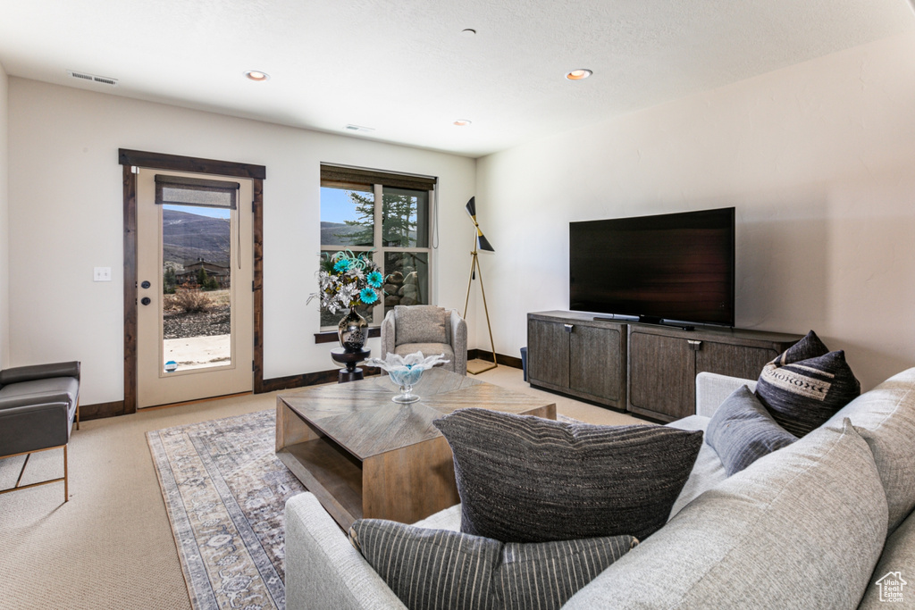 Living room featuring light carpet